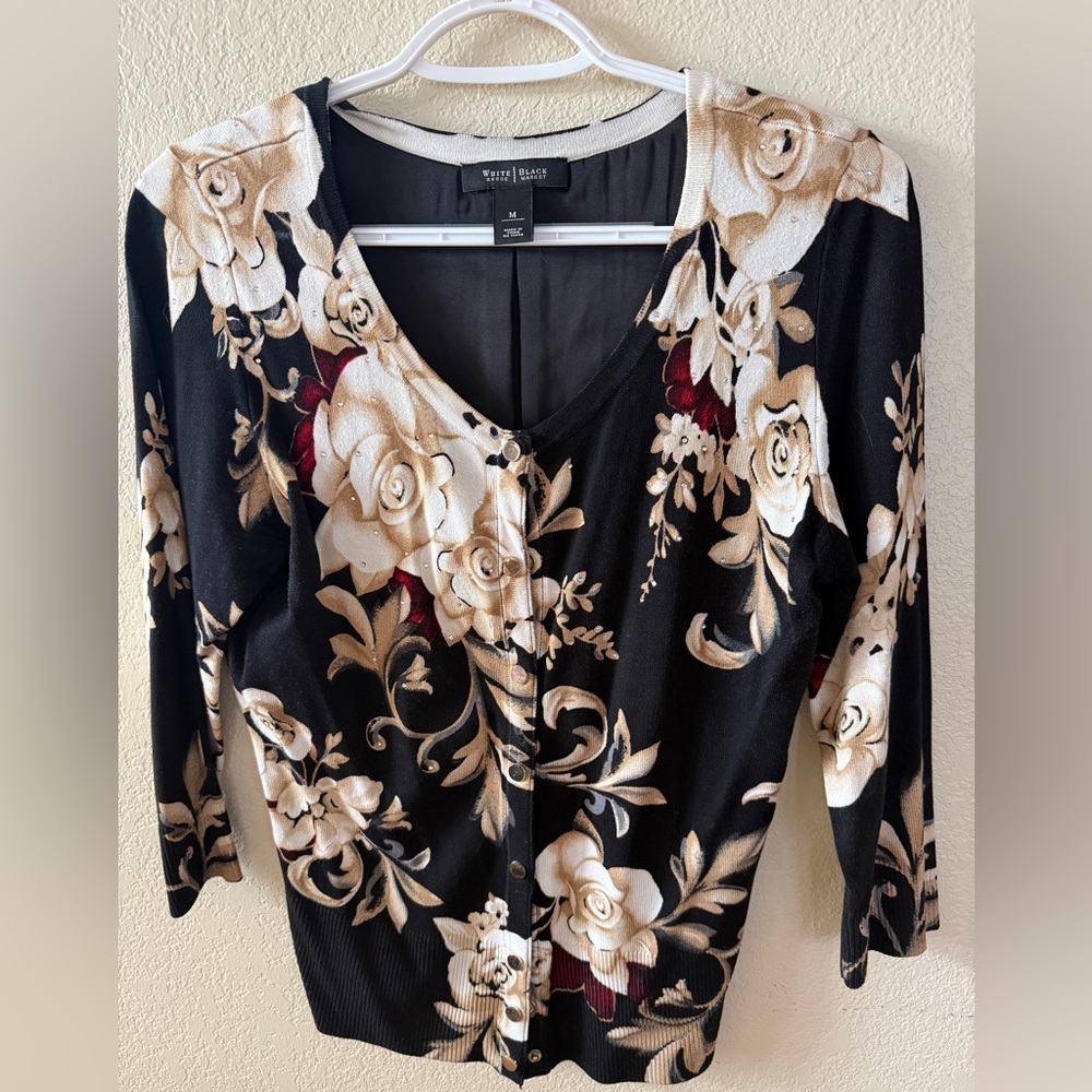 White House Black Market Black Floral V-Neck Cardigan with Cream Roses